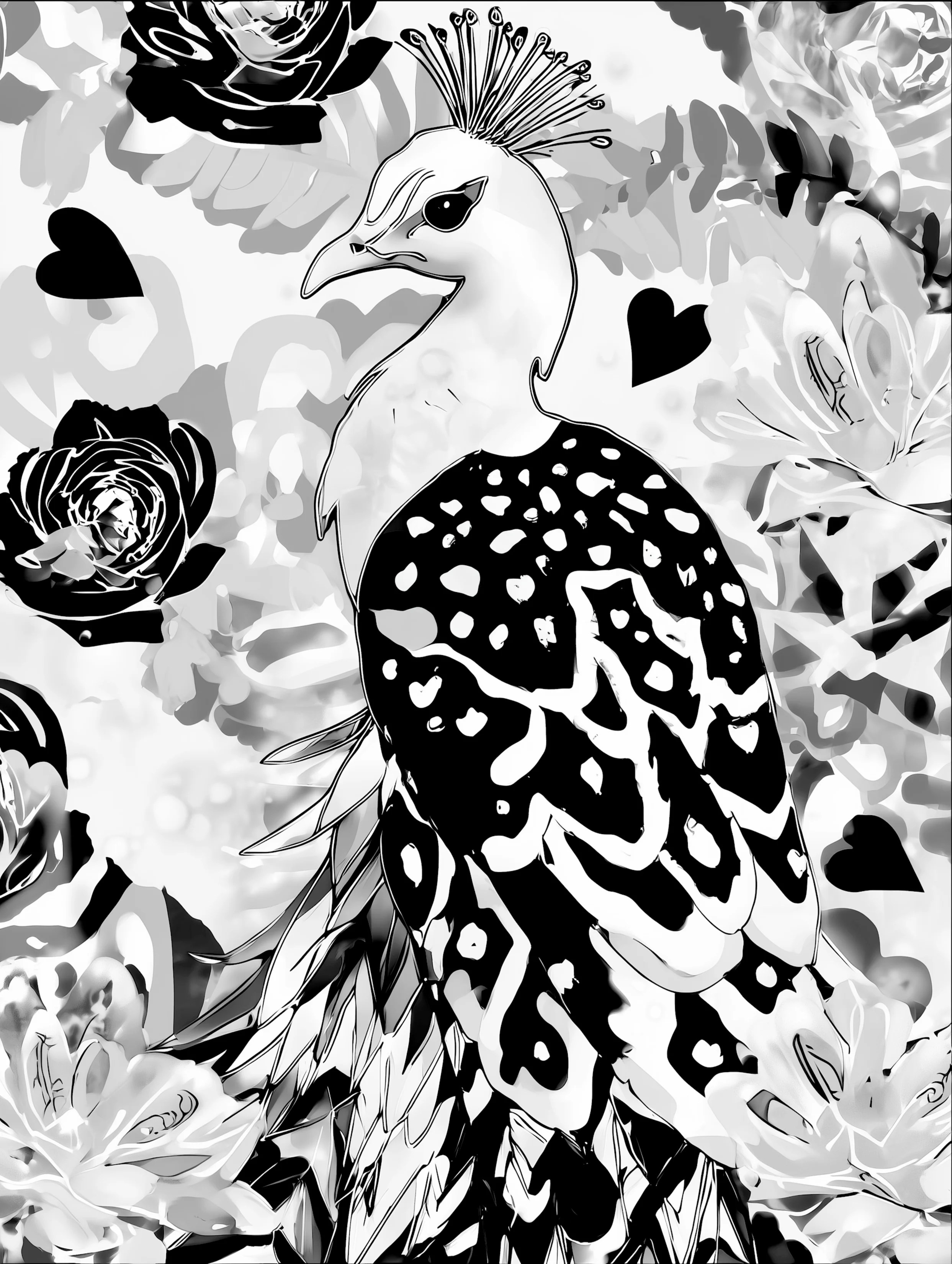 Free printable coloring page of peacock for adults featuring long feathers on head peacock